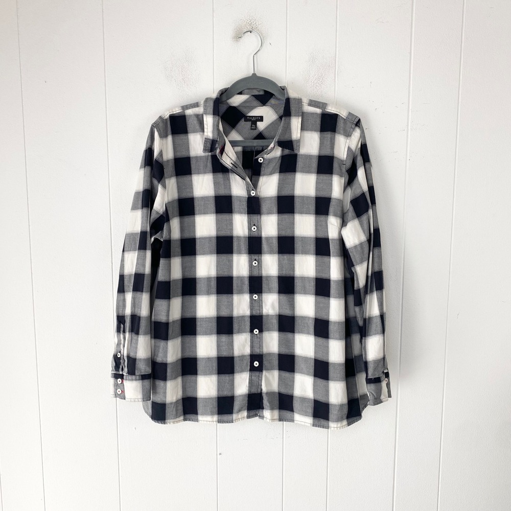 Talbots Petite Buffalo Plaid Button Down Shirt Navy White XLp Fall Preppy School